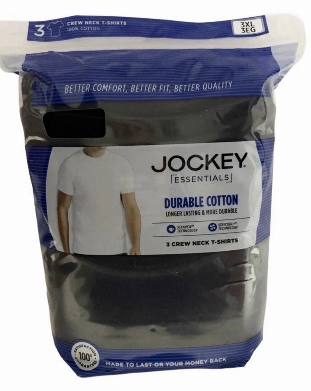 Jockey Essentials 3XL Black Crew Neck T-Shirts 3 Pack Durable Cotton Tag Free